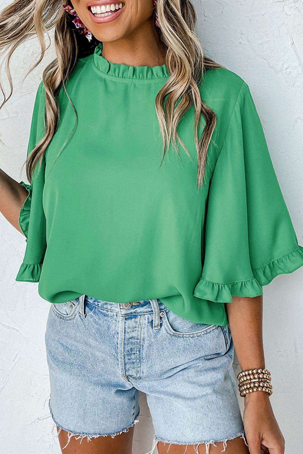 Frill Round Neck Wide Half Sleeve Blouse Green for a perfect OOTD – dress to impress outfits from Amexza