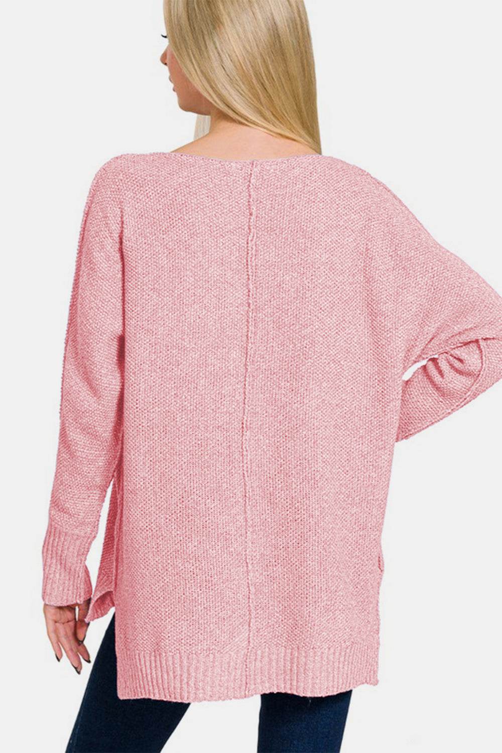 Zenana High-Low Center Seam V-Neck Sweater - Amexza