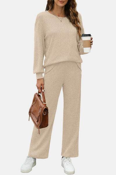 Round Neck Long Sleeve Top and Pants Set for a perfect OOTD – dress to impress outfits from Amexza