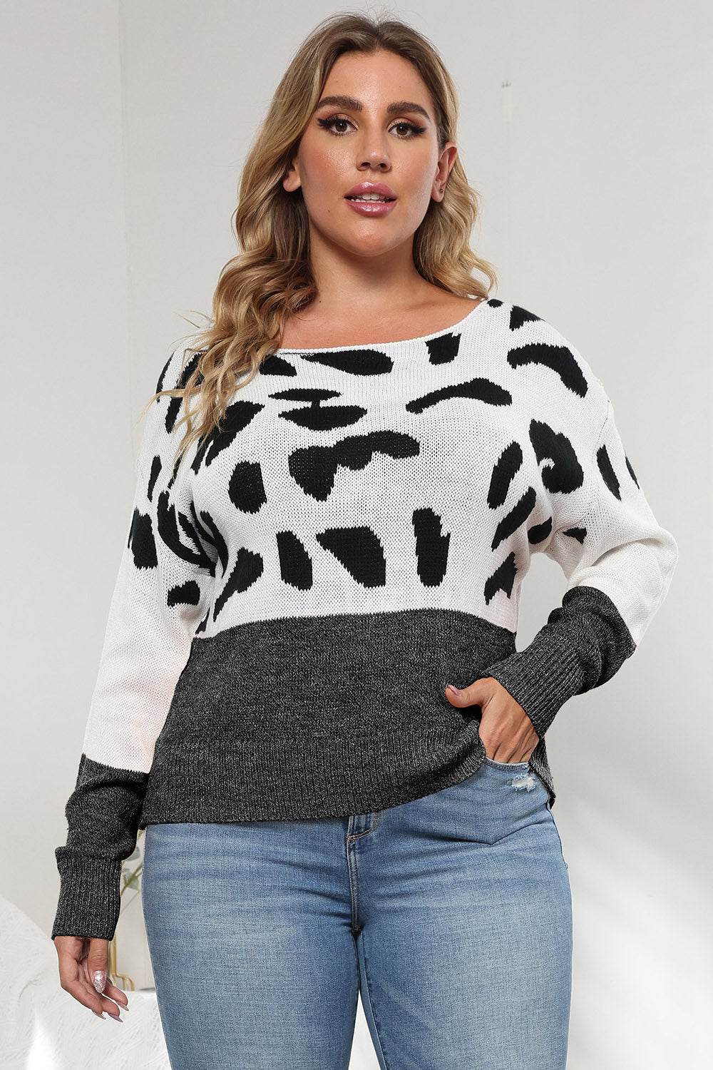 Plus Size Leopard Round Neck Long Sleeve Sweater for a perfect OOTD – dress to impress outfits from Amexza