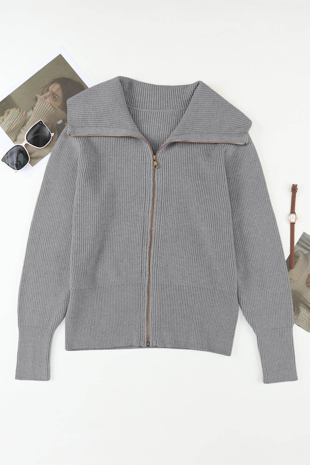 Zip Up Long Sleeve Cardigan - Amexza