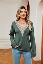 Contrast V-Neck Long Sleeve Blouse - Amexza