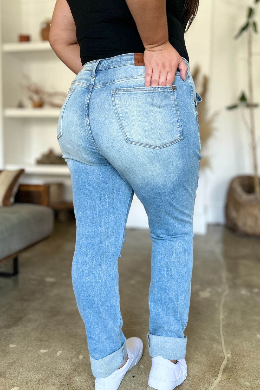 Judy Blue Full Size Distressed Straight Jeans with Patch Pockets for a perfect OOTD – dress to impress outfits from Amexza