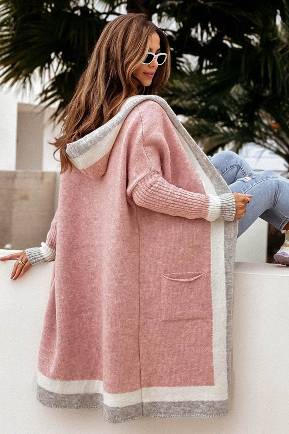 Pocketed Contrast Long Sleeve Hooded Cardigan for a perfect OOTD – dress to impress outfits from Amexza