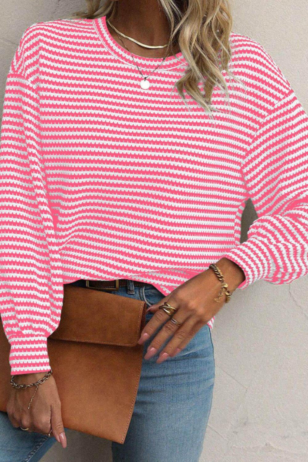 Striped Round Neck Long Sleeve Top - Amexza
