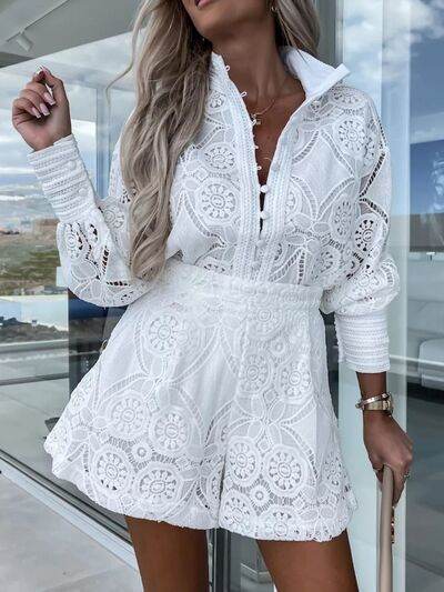 Lace Button Detail Long Sleeve Top and Shorts Set - Amexza