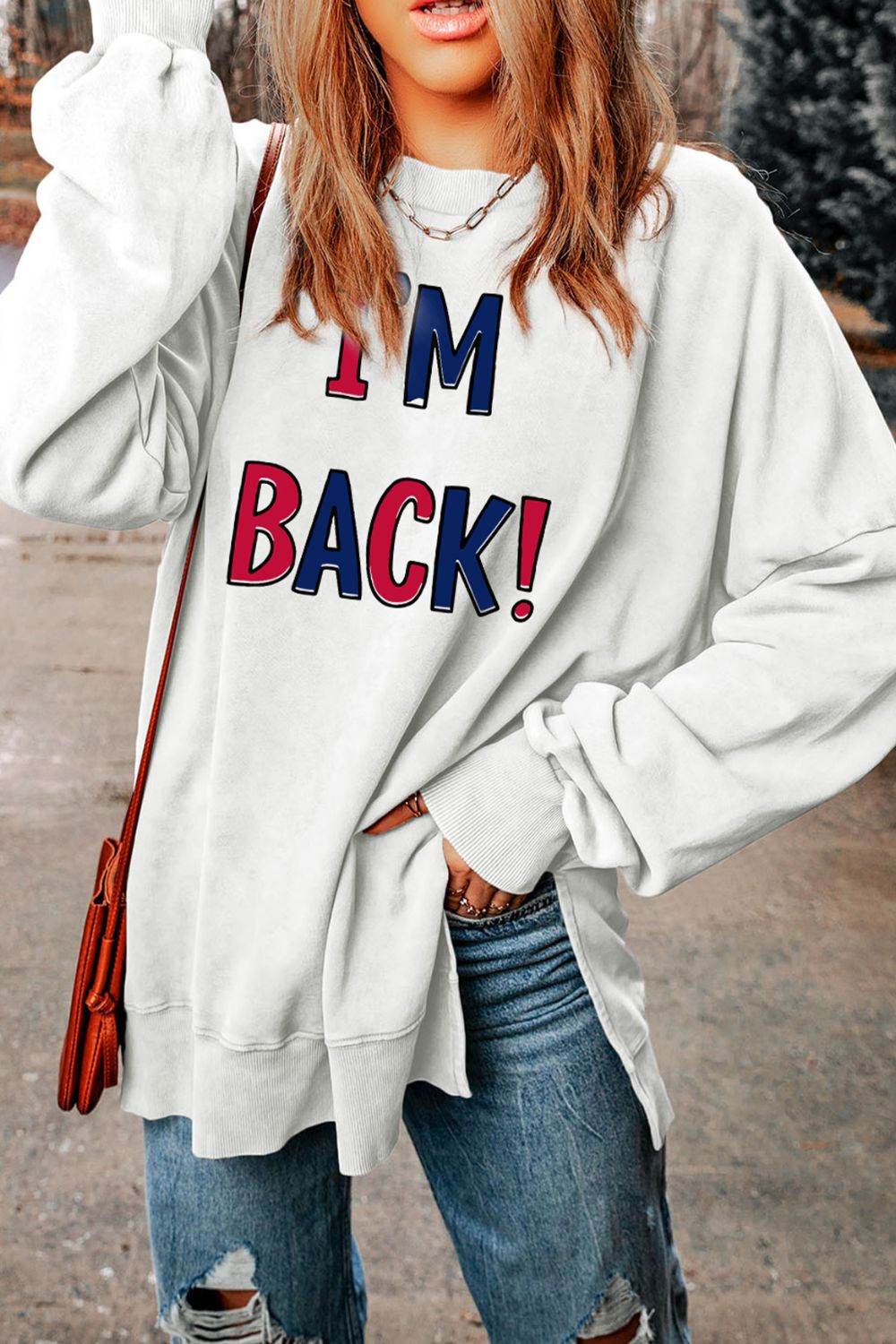 I'M BACK Slit Round Neck Long Sleeve Sweatshirt for a perfect OOTD – dress to impress outfits from Amexza