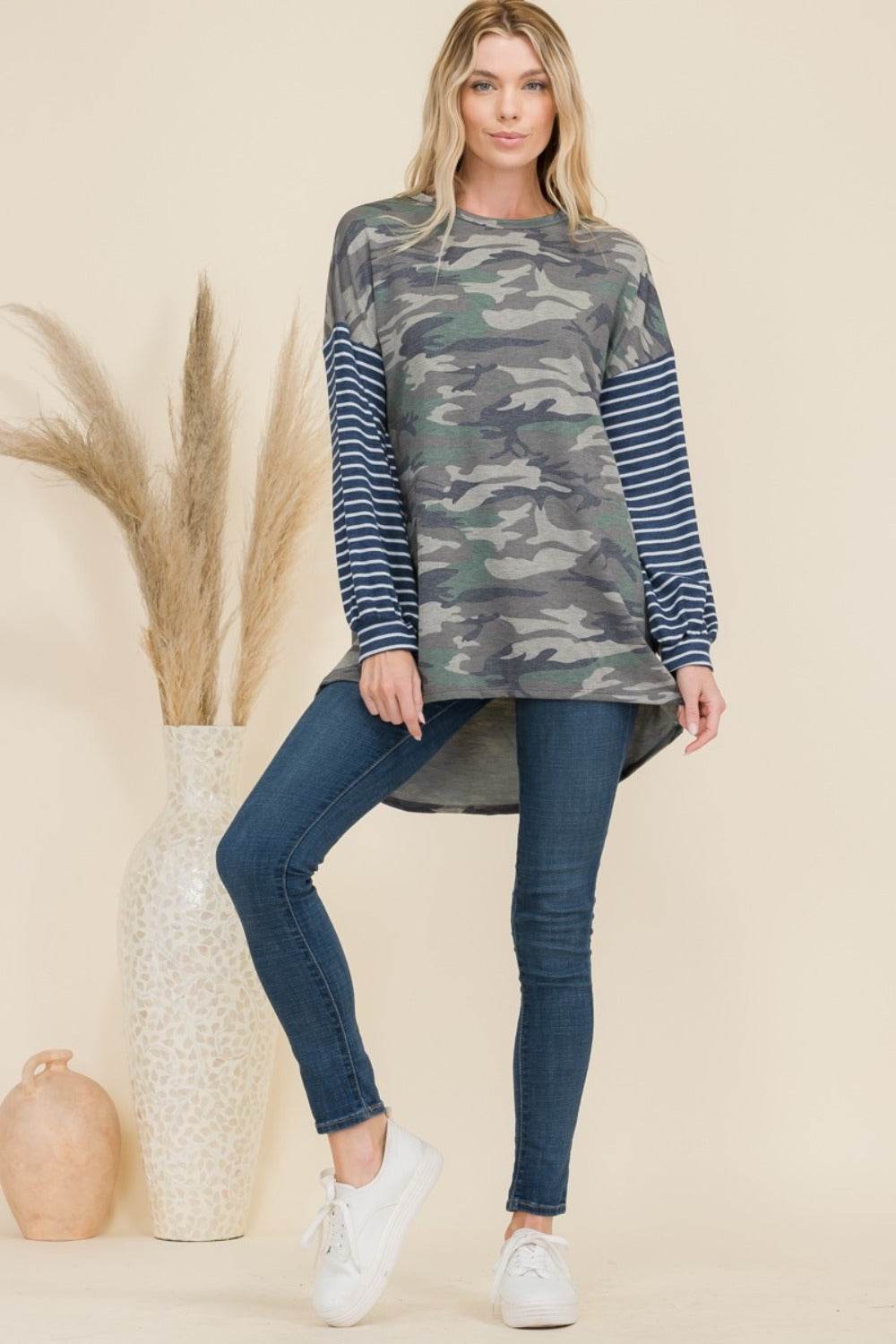 Celeste Full Size Camo Print High-Low T-Shirt with Stripe Sleeves for a perfect OOTD – dress to impress outfits from Amexza