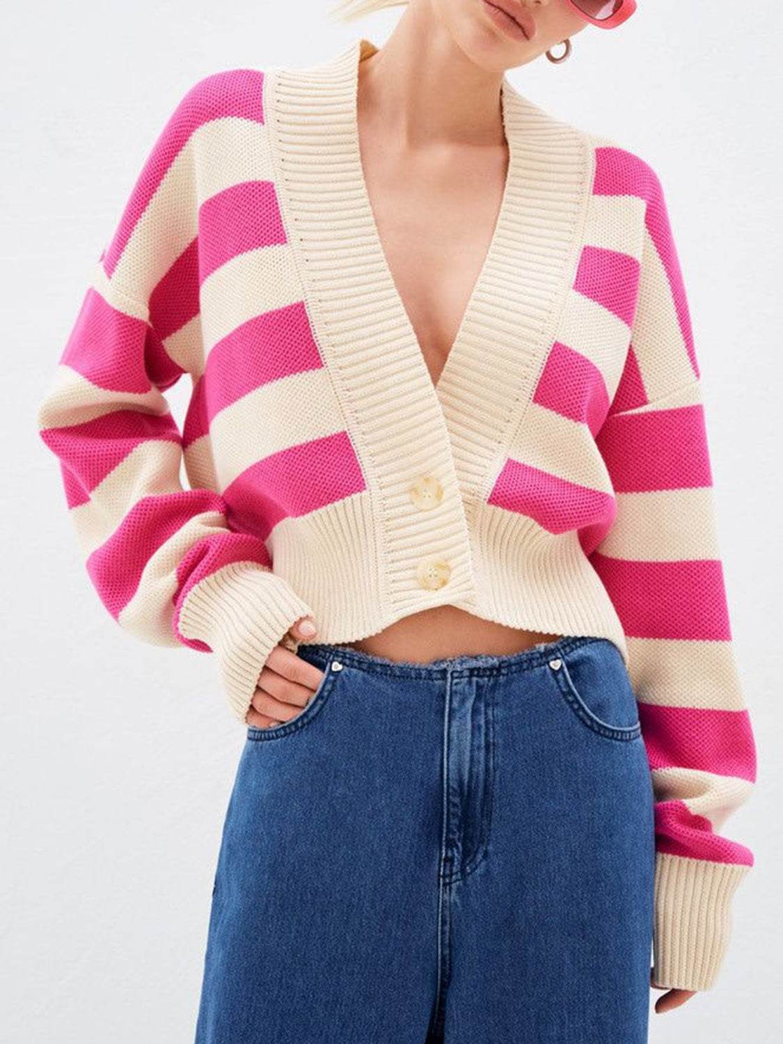 Striped Button Down Drop Shoulder Cardigan - Amexza