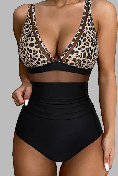 Leopard V-Neck Wide Strap One-Piece Swimwear Black for a perfect OOTD – dress to impress outfits from Amexza