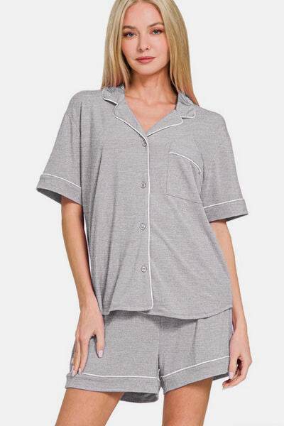 Zenana Button Down Short Sleeve Top and Shorts Lounge Set Light Gray for a perfect OOTD – dress to impress outfits from Amexza