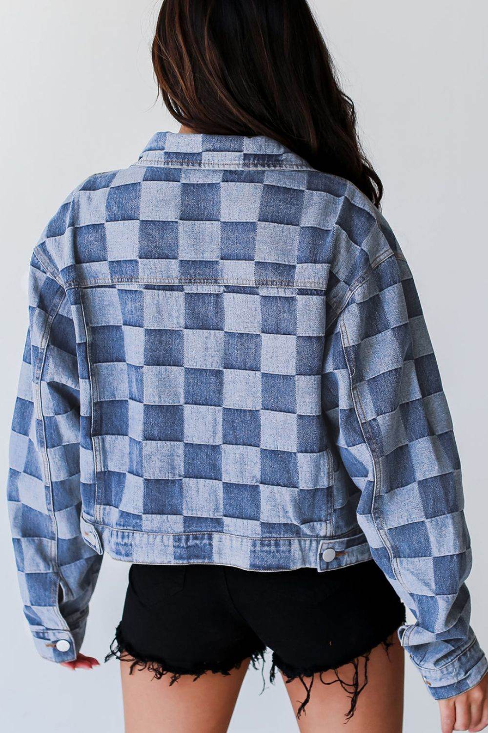 Checkered Button Up Denim Jacket for a perfect OOTD – dress to impress outfits from Amexza