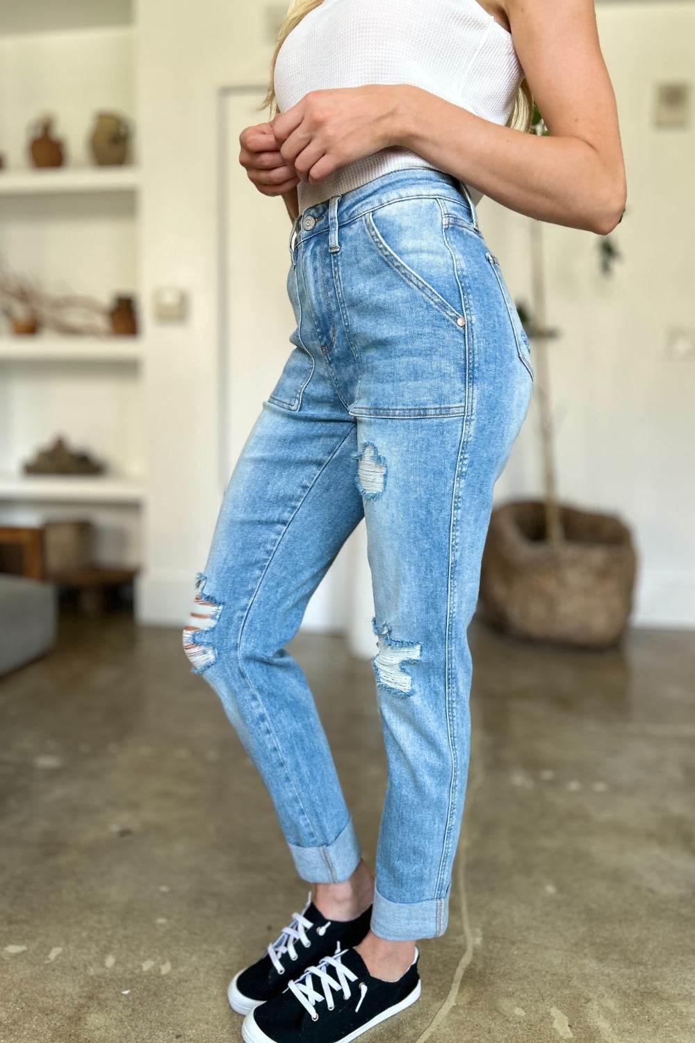 Judy Blue Full Size Distressed Straight Jeans with Patch Pockets for a perfect OOTD – dress to impress outfits from Amexza