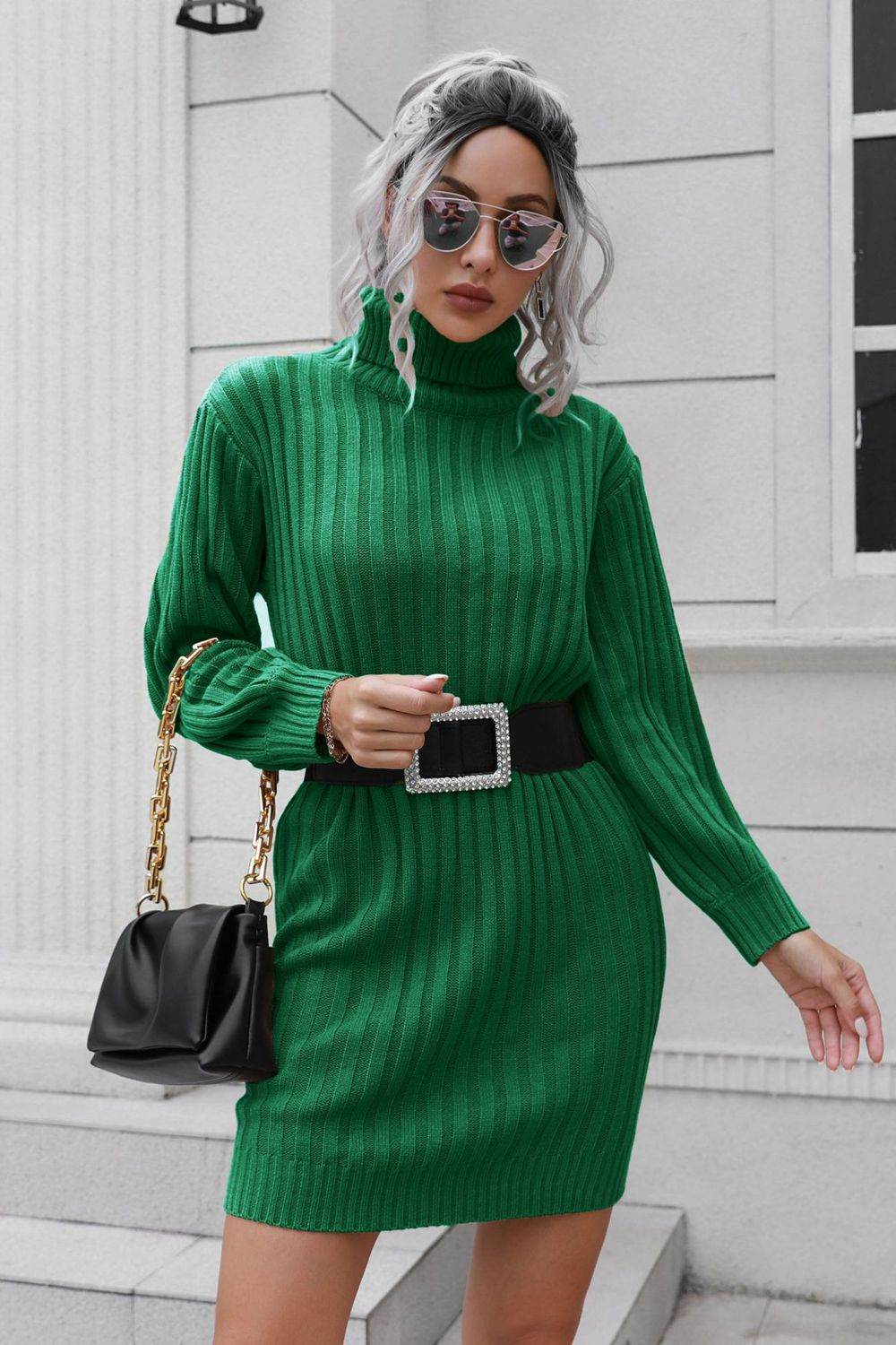 Ribbed Turtle Neck Long Sleeve Mini Sweater Dress - Amexza