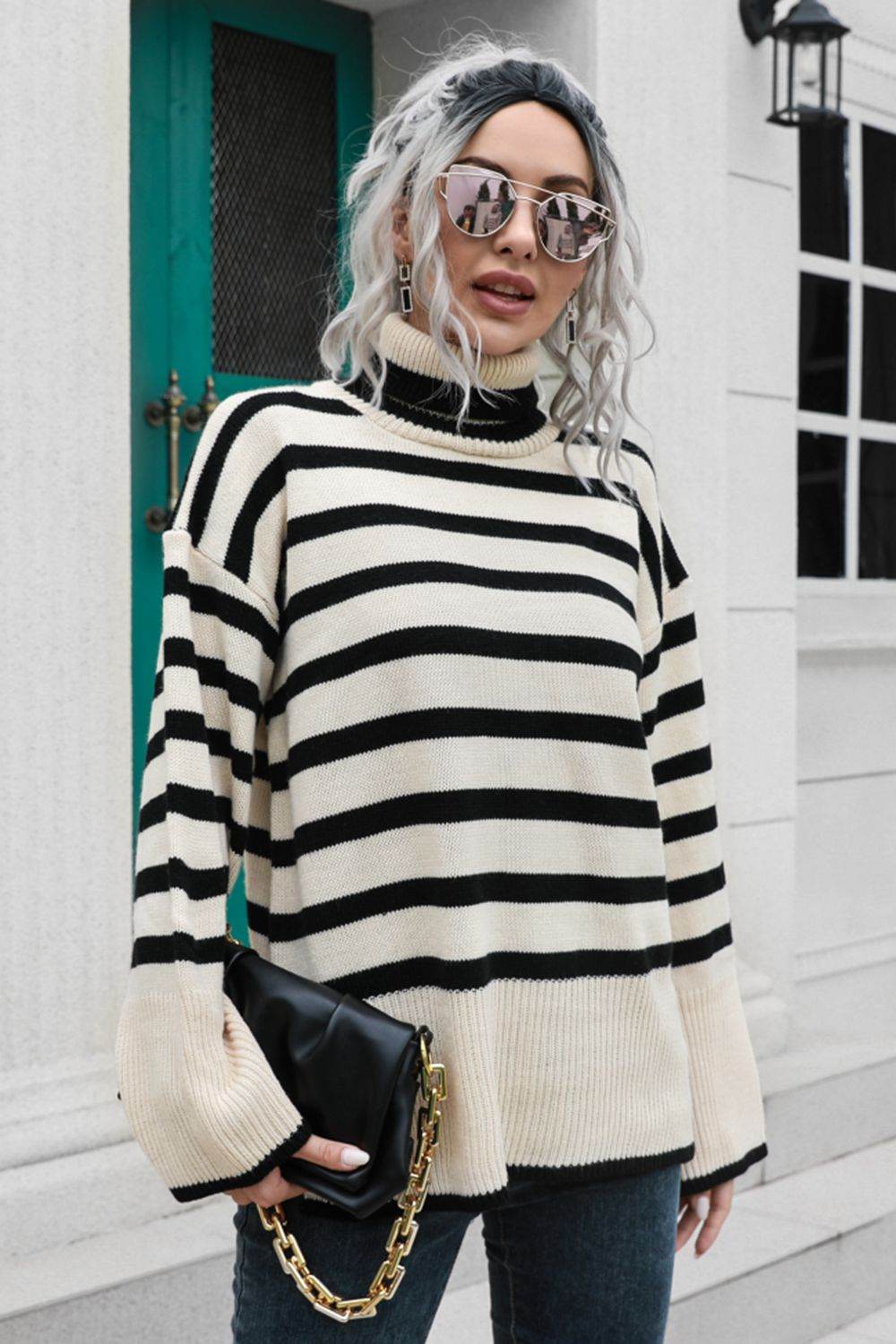 Striped Turtleneck Drop Shoulder Sweater Beige for a perfect OOTD – dress to impress outfits from Amexza