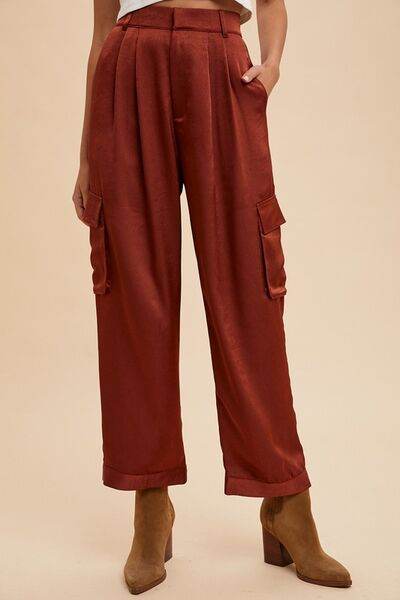 Annie Wear Wide Leg Cargo Satin Pants Burgundy for a perfect OOTD – dress to impress outfits from Amexza