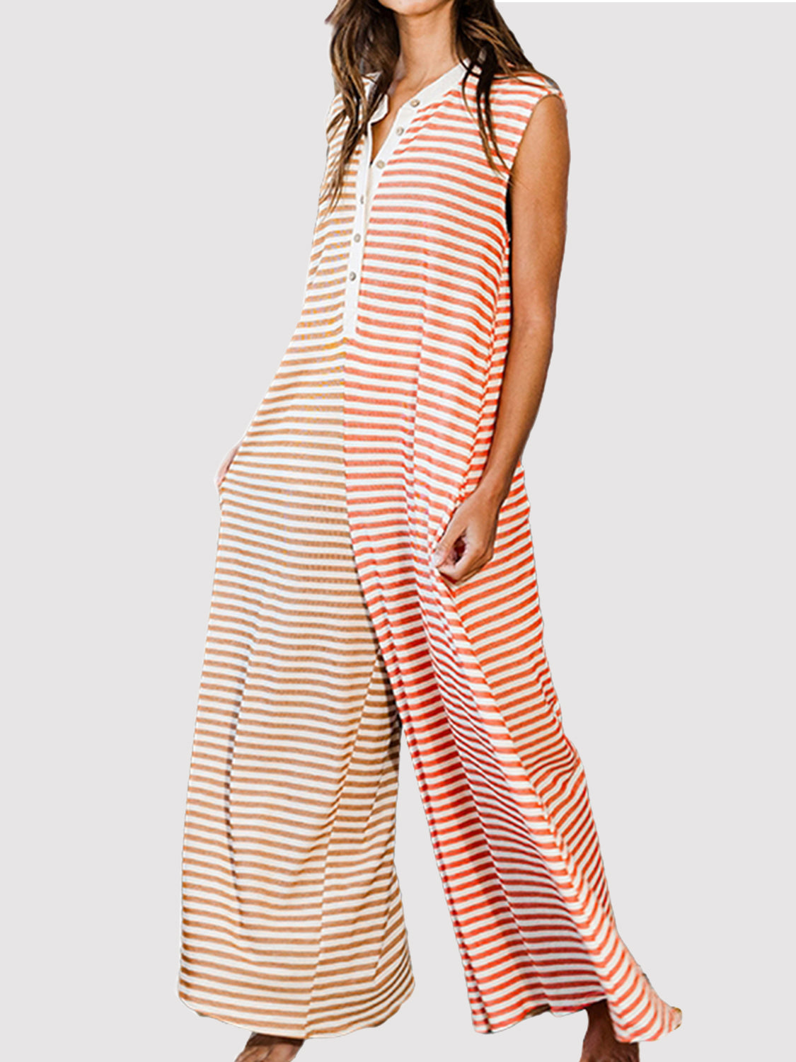 Striped Round Neck Sleeveless Jumpsuit - Amexza