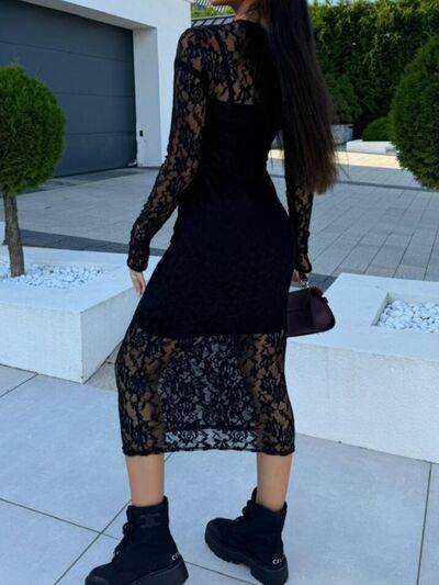 Lace Round Neck Long Sleeve Midi Dress for a perfect OOTD – dress to impress outfits from Amexza