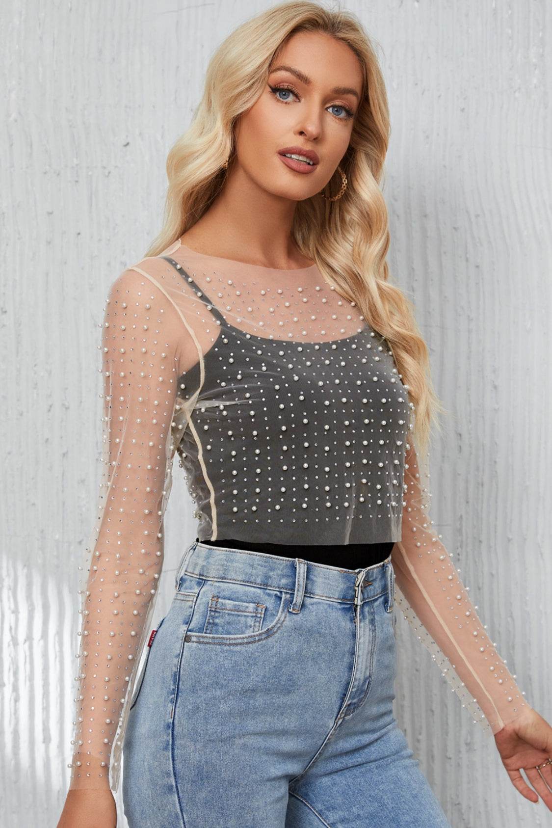 Pearl Long Sleeve Mesh Cropped Top for a perfect OOTD – dress to impress outfits from Amexza