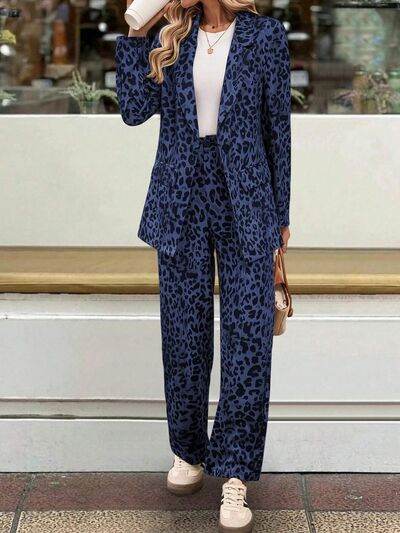 Full Size Leopard Lapel Collar Long Sleeve Blazer and Pants Set - Amexza