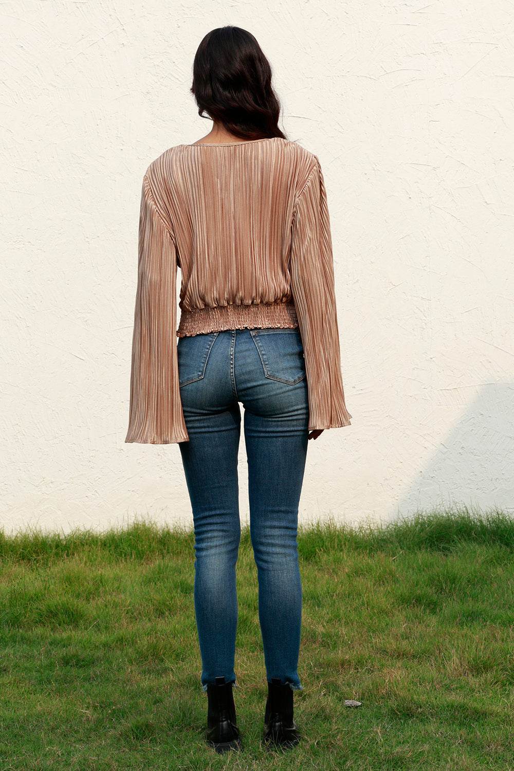 Twisted Smocked Flare Sleeve Cropped Top - Amexza