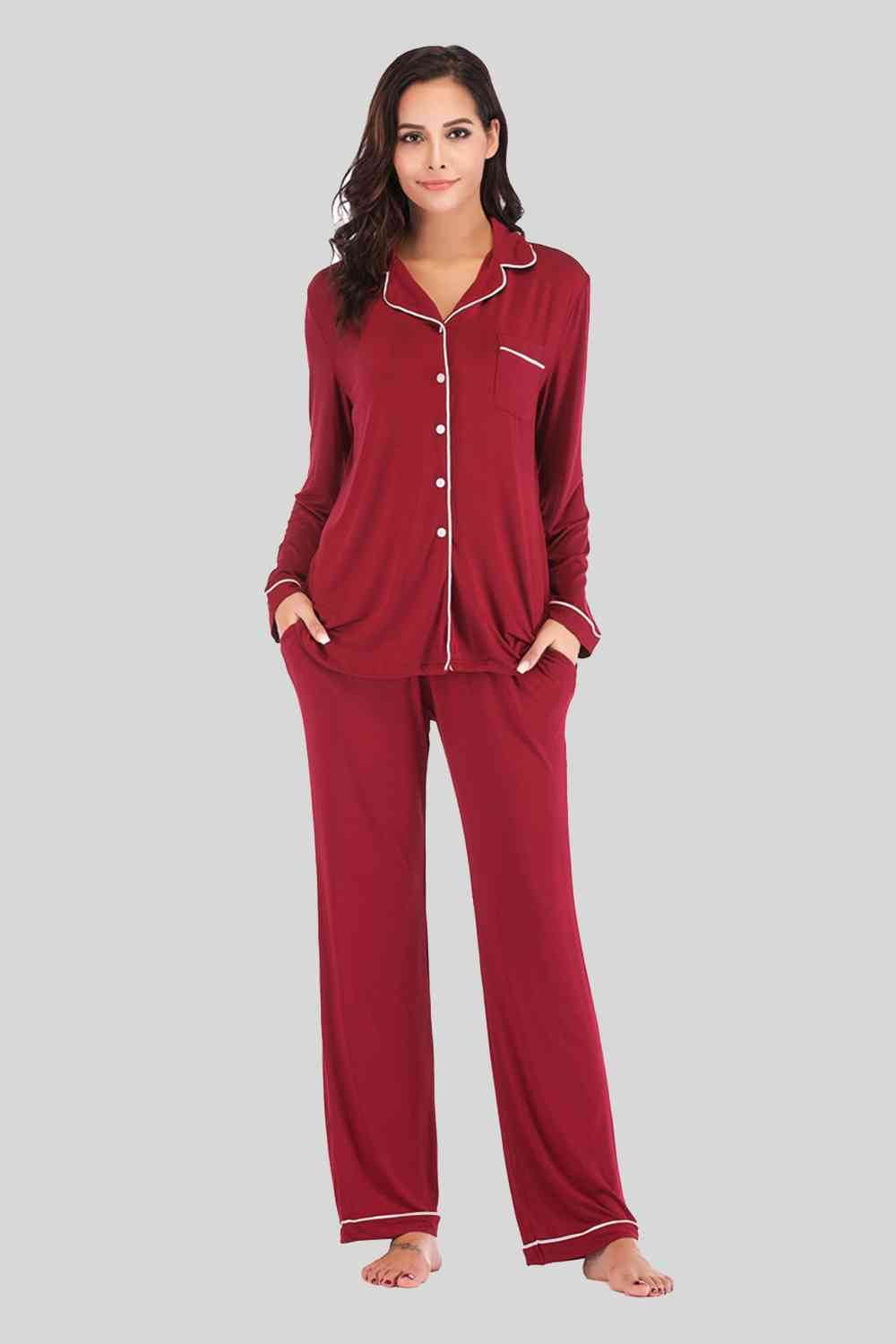 Collared Neck Long Sleeve Loungewear Set with Pockets Wine for a perfect OOTD – dress to impress outfits from Amexza