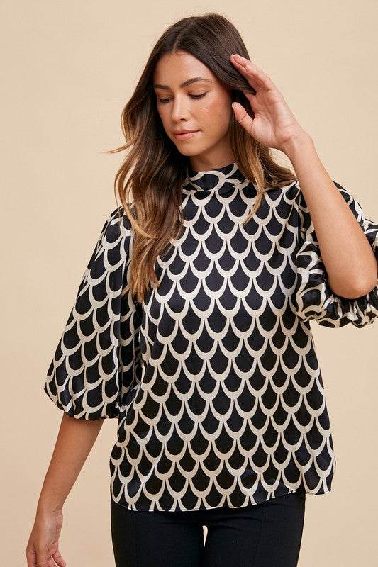 Annie Wear Tie Back Abstract Print Mock Neck Half Sleeve Blouse for a perfect OOTD – dress to impress outfits from Amexza