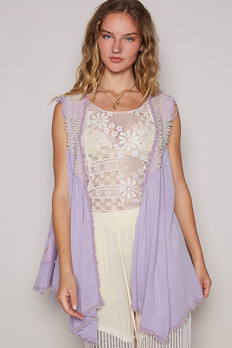 POL Embroidered Pearls Open Front Sleeveless Cardigan for a perfect OOTD – dress to impress outfits from Amexza