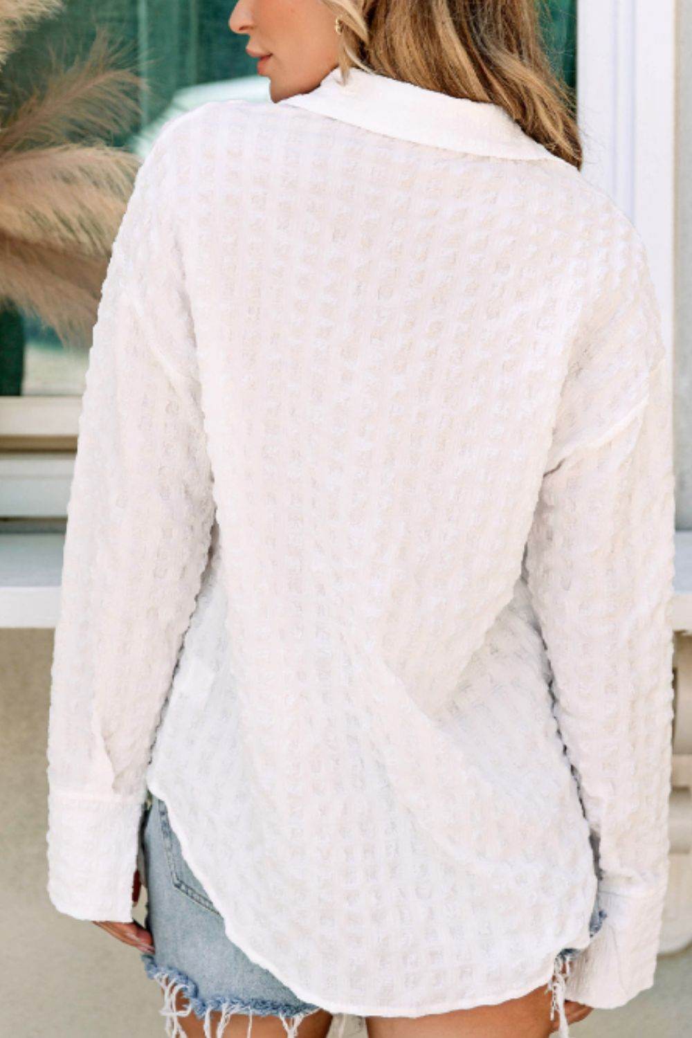 Texture Collared Neck Long Sleeve Shirt - Amexza