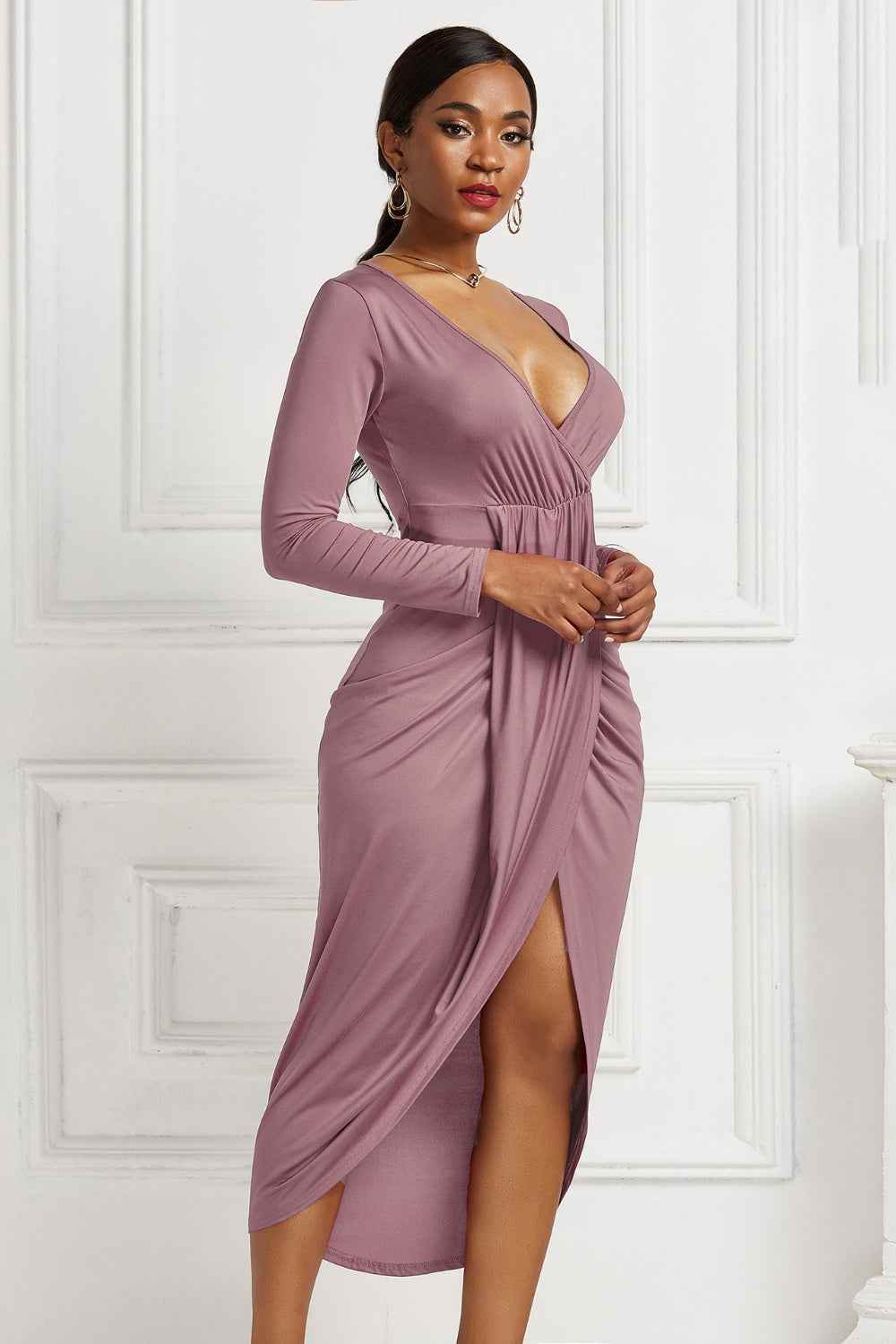 High-low Ruched Surplice Long Sleeve Dress for a perfect OOTD – dress to impress outfits from Amexza