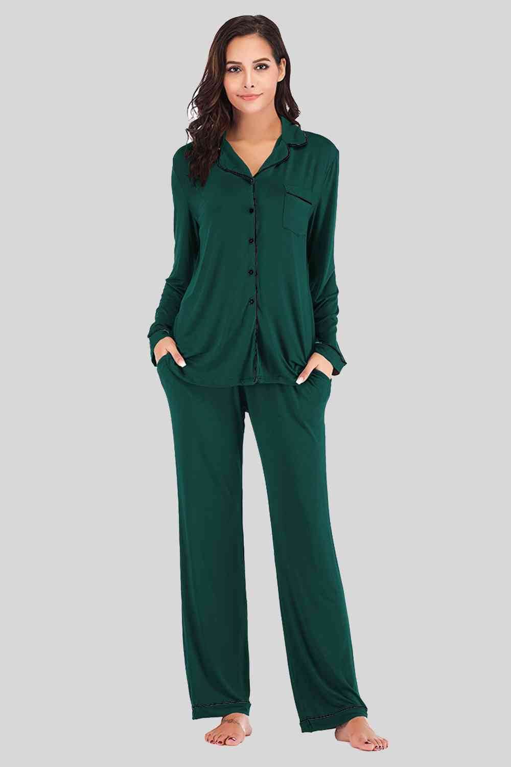 Collared Neck Long Sleeve Loungewear Set with Pockets Green for a perfect OOTD – dress to impress outfits from Amexza