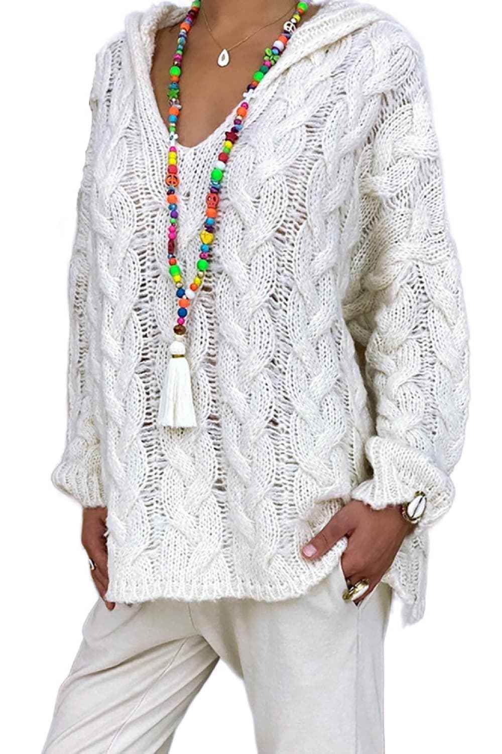 Cable-Knit Hooded Sweater White for a perfect OOTD – dress to impress outfits from Amexza