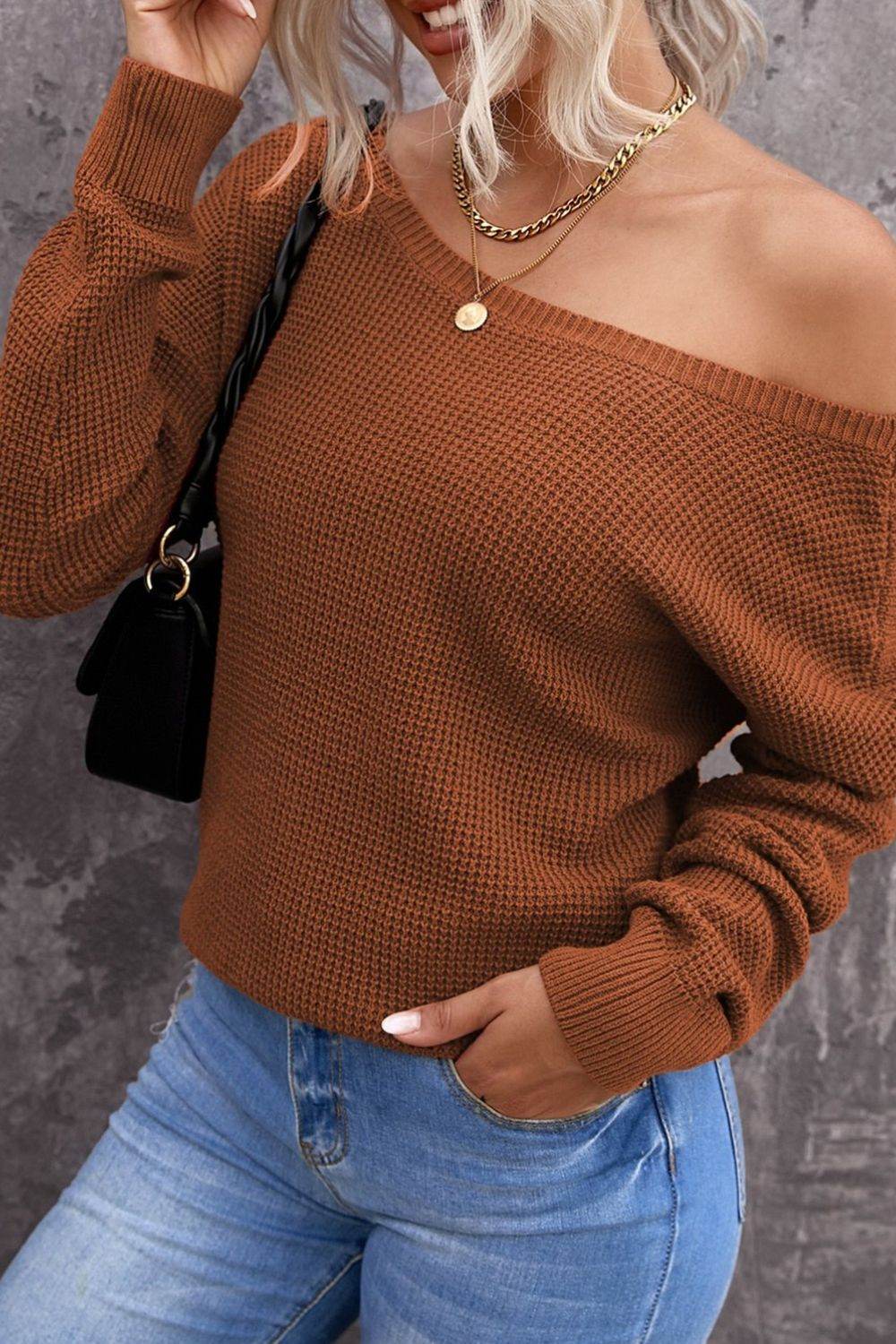 Woven Right Crisscross Back Waffle-Knit Sweater for a perfect OOTD – dress to impress outfits from Amexza