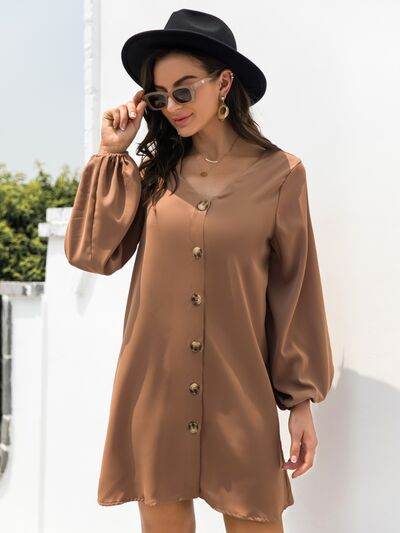 V-Neck Long Sleeve Mini Dress Caramel for a perfect OOTD – dress to impress outfits from Amexza