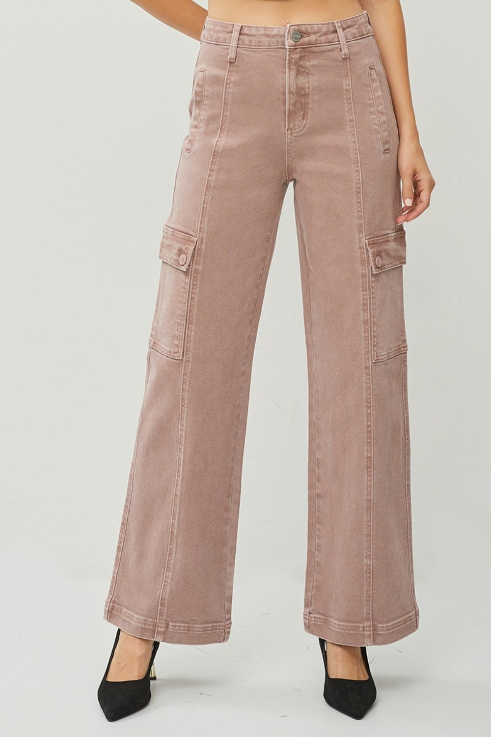 RISEN Full Size High Rise Wide Leg Cargo Jeans - Mauve / 0(24)