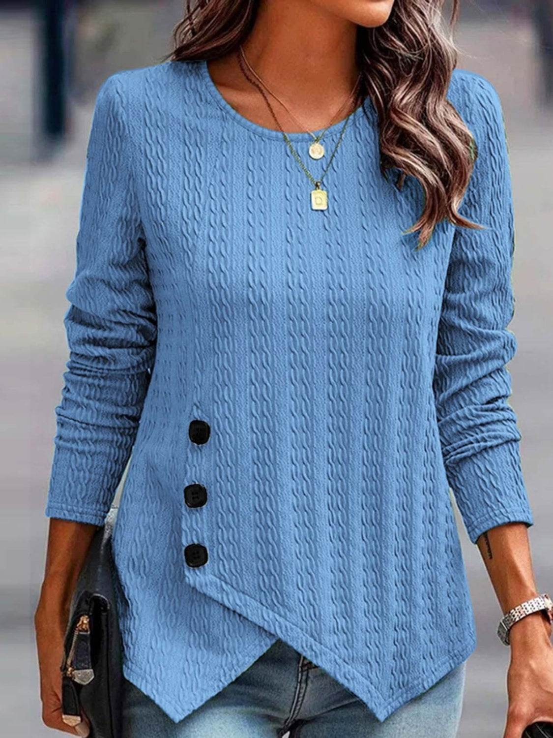 Decorative Button Round Neck Long Sleeve Top Blue for a perfect OOTD – dress to impress outfits from Amexza