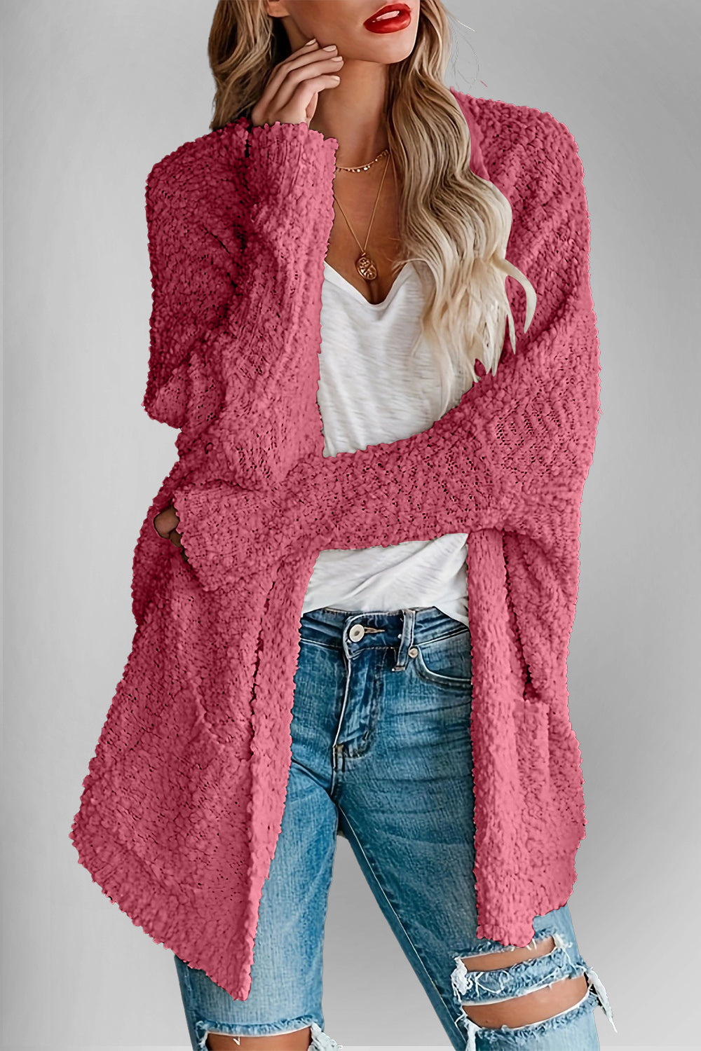 Double Take Pocketed Open Front Long Sleeve Cardigan Deep Rose for a perfect OOTD – dress to impress outfits from Amexza