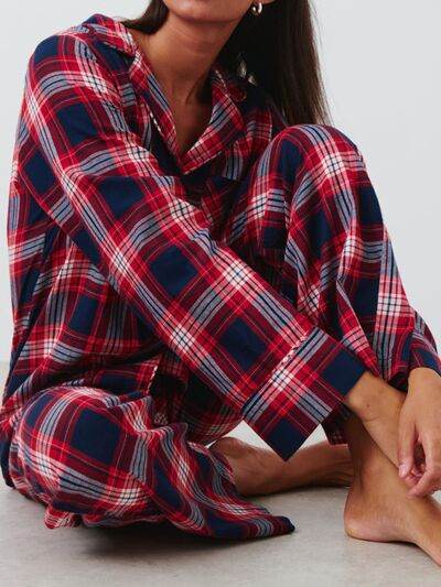 Plaid Collared Neck Button Up Top and Pants Lounge Set for a perfect OOTD – dress to impress outfits from Amexza