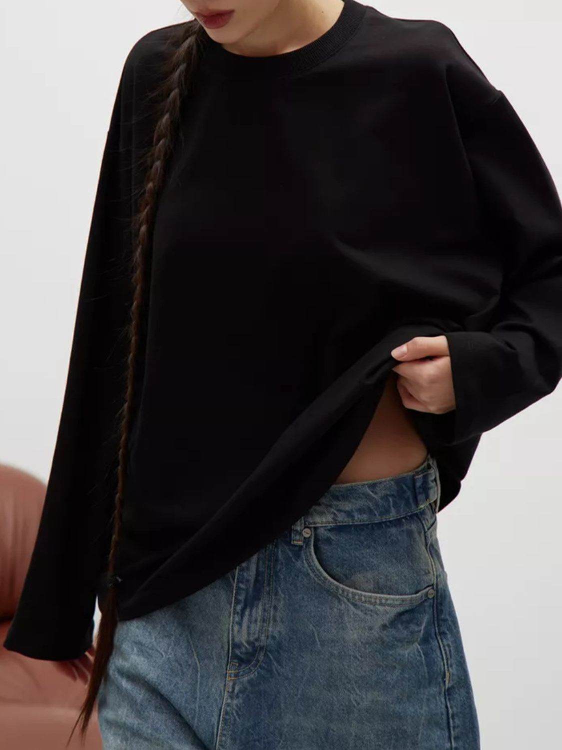 Round Neck Dropped Shoulder Long Sleeve T-Shirt - Amexza