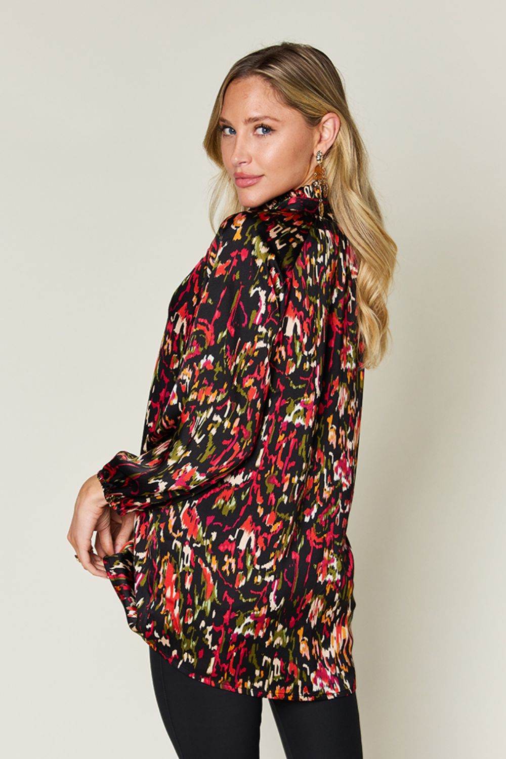 Double Take Full Size Printed Button Up Long Sleeve Shirt - Amexza