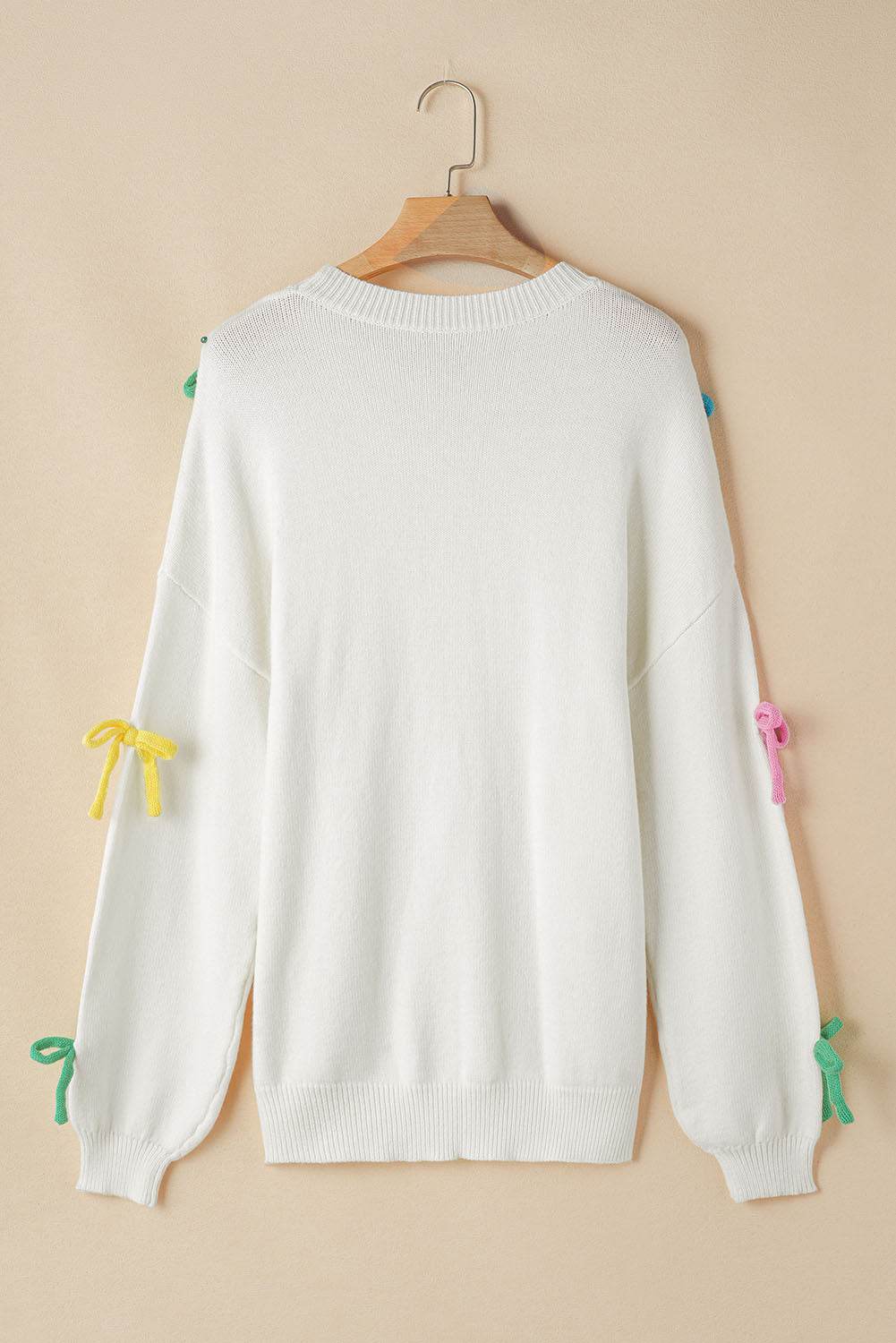 Contrast Bow Round Neck Dropped Shoulder Sweater - Amexza