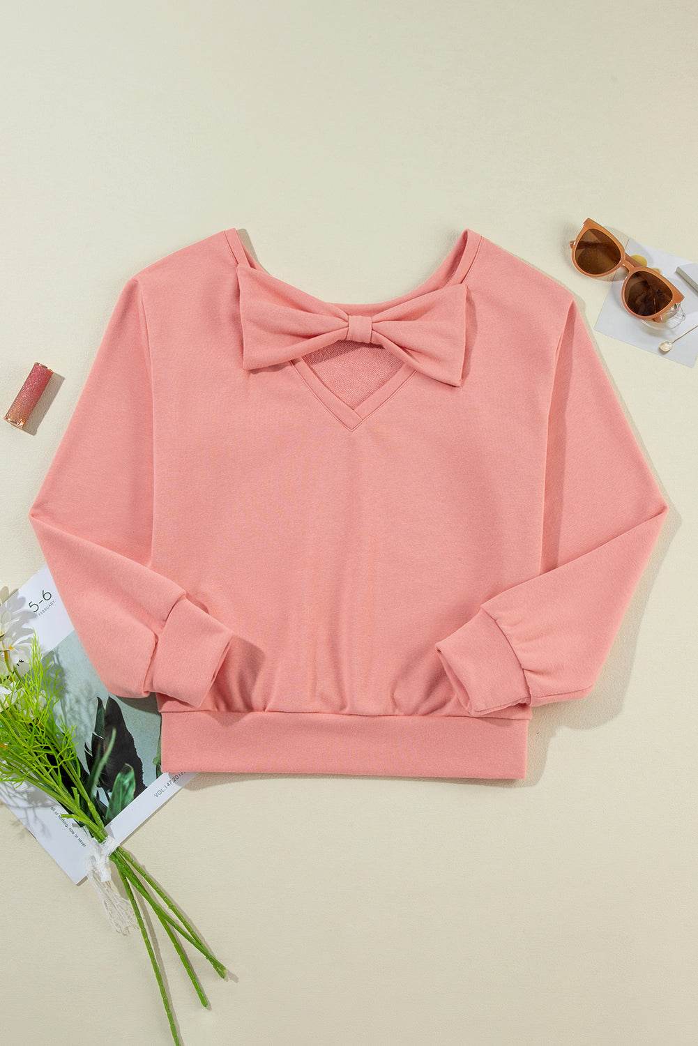 Bow Cutout Round Neck Long Sleeve Sweatshirt - Amexza