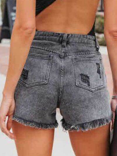 Distressed Fringe Denim Shorts with Pockets - Amexza