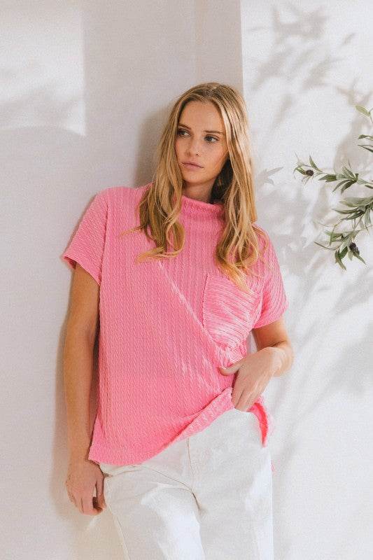 Ces Femme Texture Mock Neck Short Sleeve Knit Top for a perfect OOTD – dress to impress outfits from Amexza