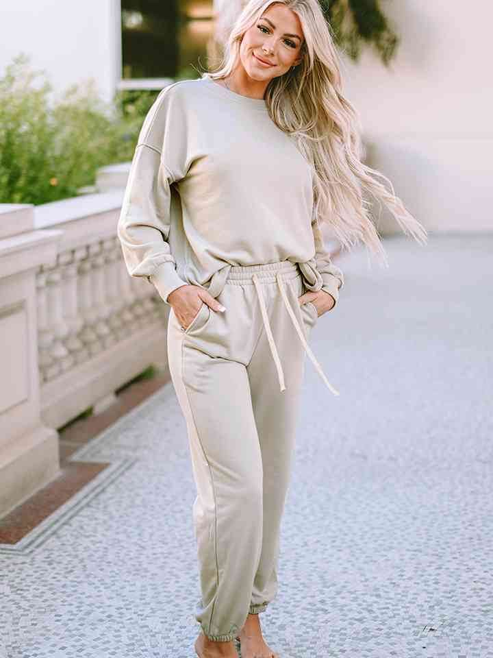 Round Neck Dropped Shoulder Top and Pants Lounge Set Light Gray for a perfect OOTD – dress to impress outfits from Amexza
