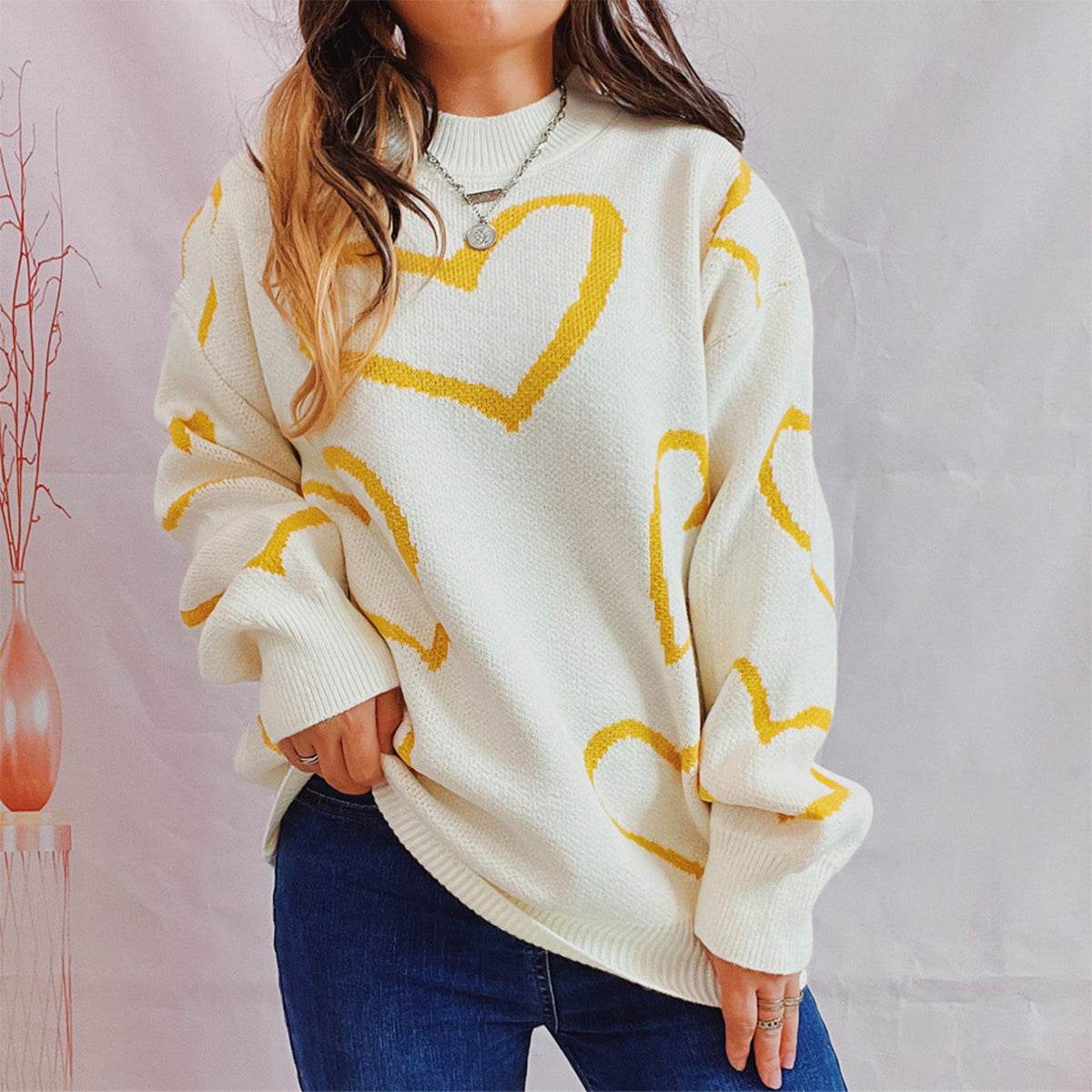 Heart Pattern Long Sleeve Sweater Banana Yellow for a perfect OOTD – dress to impress outfits from Amexza