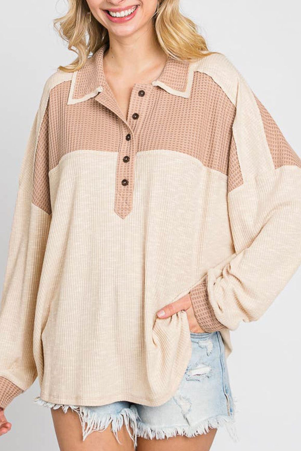 Waffle-Knit Color Block Half Button Long Sleeve Top Eggshell for a perfect OOTD – dress to impress outfits from Amexza