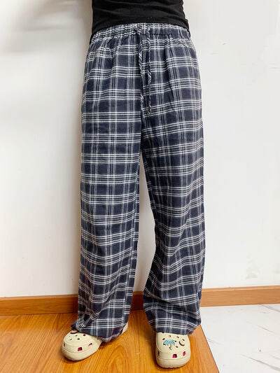 Plaid Drawstring Wide Leg Pants Dusty Blue for a perfect OOTD – dress to impress outfits from Amexza