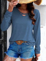 Crisscross V-Neck Long Sleeve T-Shirt - Amexza