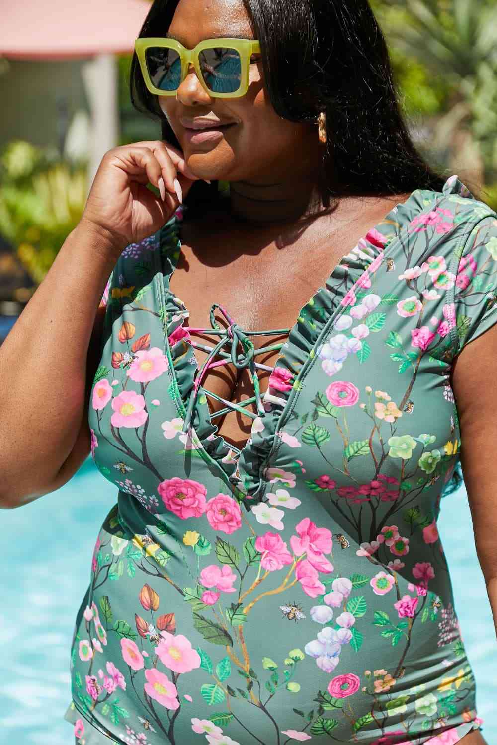 Marina West Swim Bring Me Flowers V-Neck One Piece Swimsuit In Sage for a perfect OOTD – dress to impress outfits from Amexza